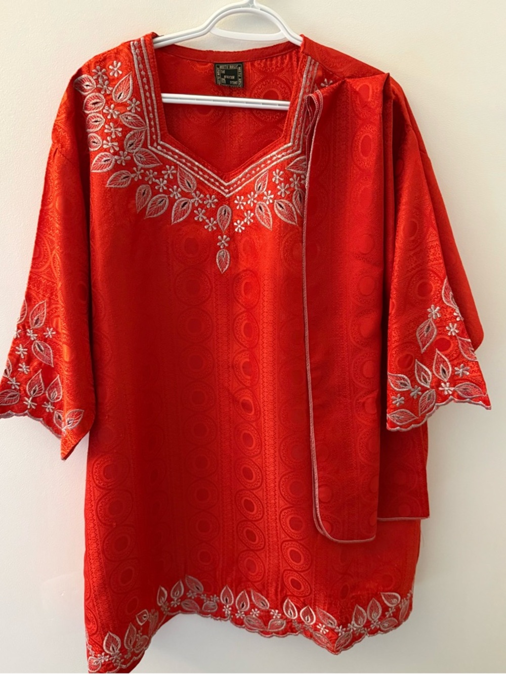 Red African Dashiki Kaftan Tunic Embroidered One Size Boho Festival
